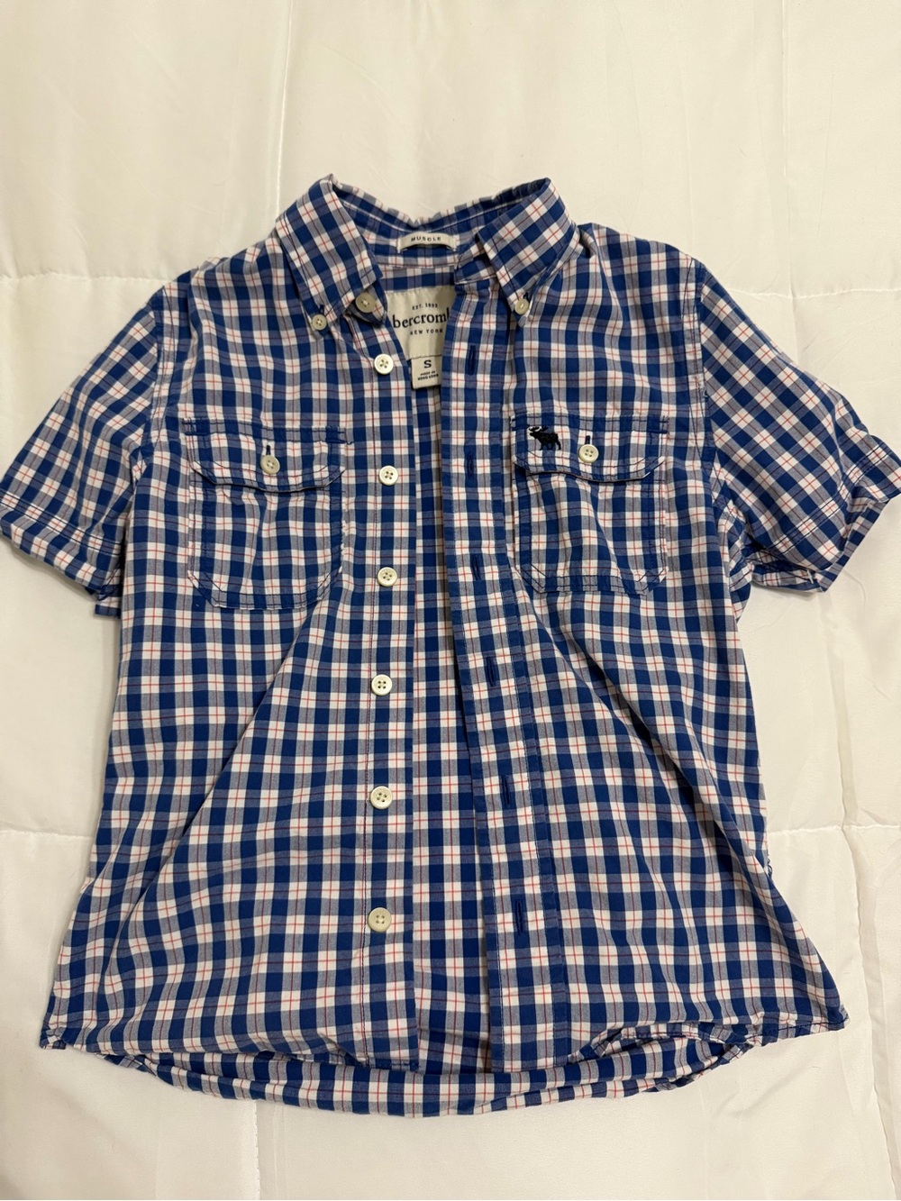 abercrombie kids navy and white plaid short-sleeve button-down